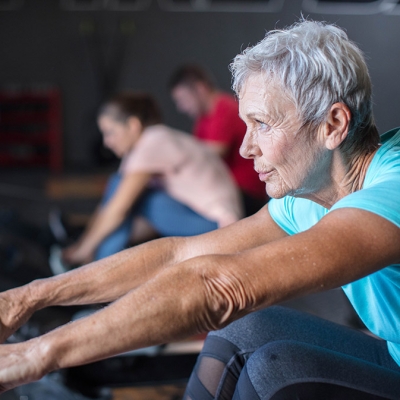 Women in  cardiac rehab exercising months after her successful heart transplant 